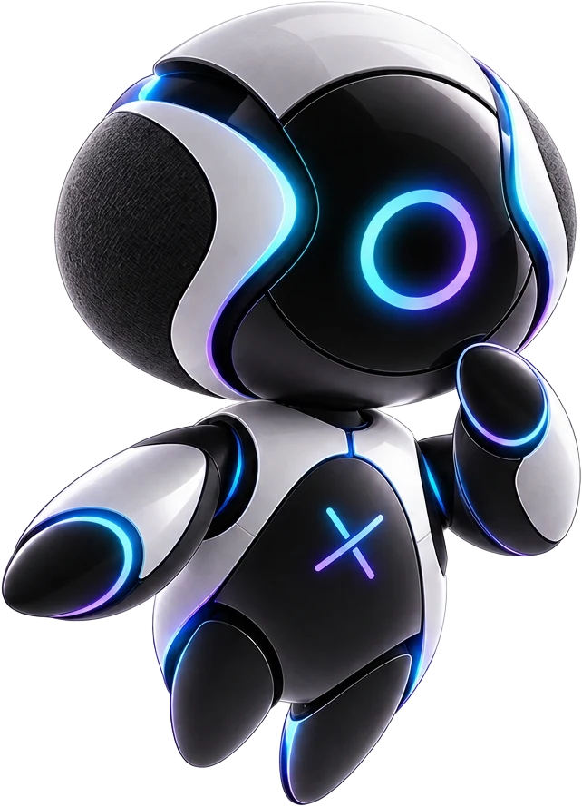 Mascote da FLUXIA: robô branco e preto com luzes azuis e violeta, flutuando