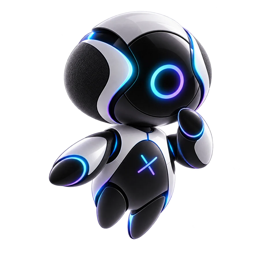 Mascote NOX da FLUXIA pensativo, com a mão no queixo