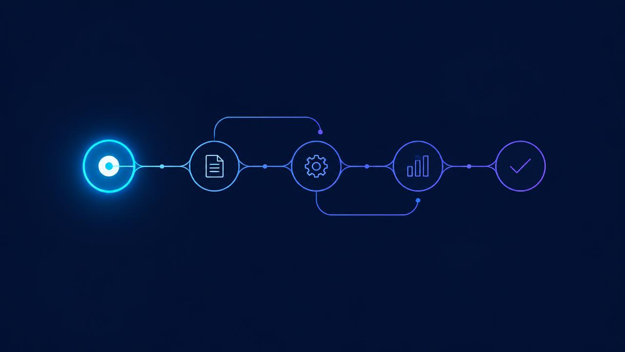 Fluxo de etapas conectadas com o primeiro passo destacado em azul